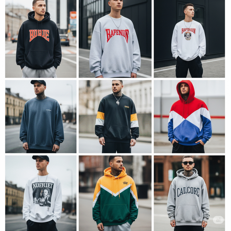 Erkek sweatshirt modasında öne çıkan trendler: oversize kesimler, grafik baskılar, blok renkler ve vintage esintilerle stilinizi tamamlayın.