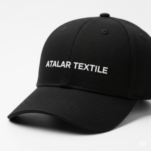 Atalar Tekstil tarafından üretilen özel tasarım şapka, marka kimliğine uygun kişiselleştirilmiş şapka imalatı ve sipariş seçeneklerini sergiliyor.