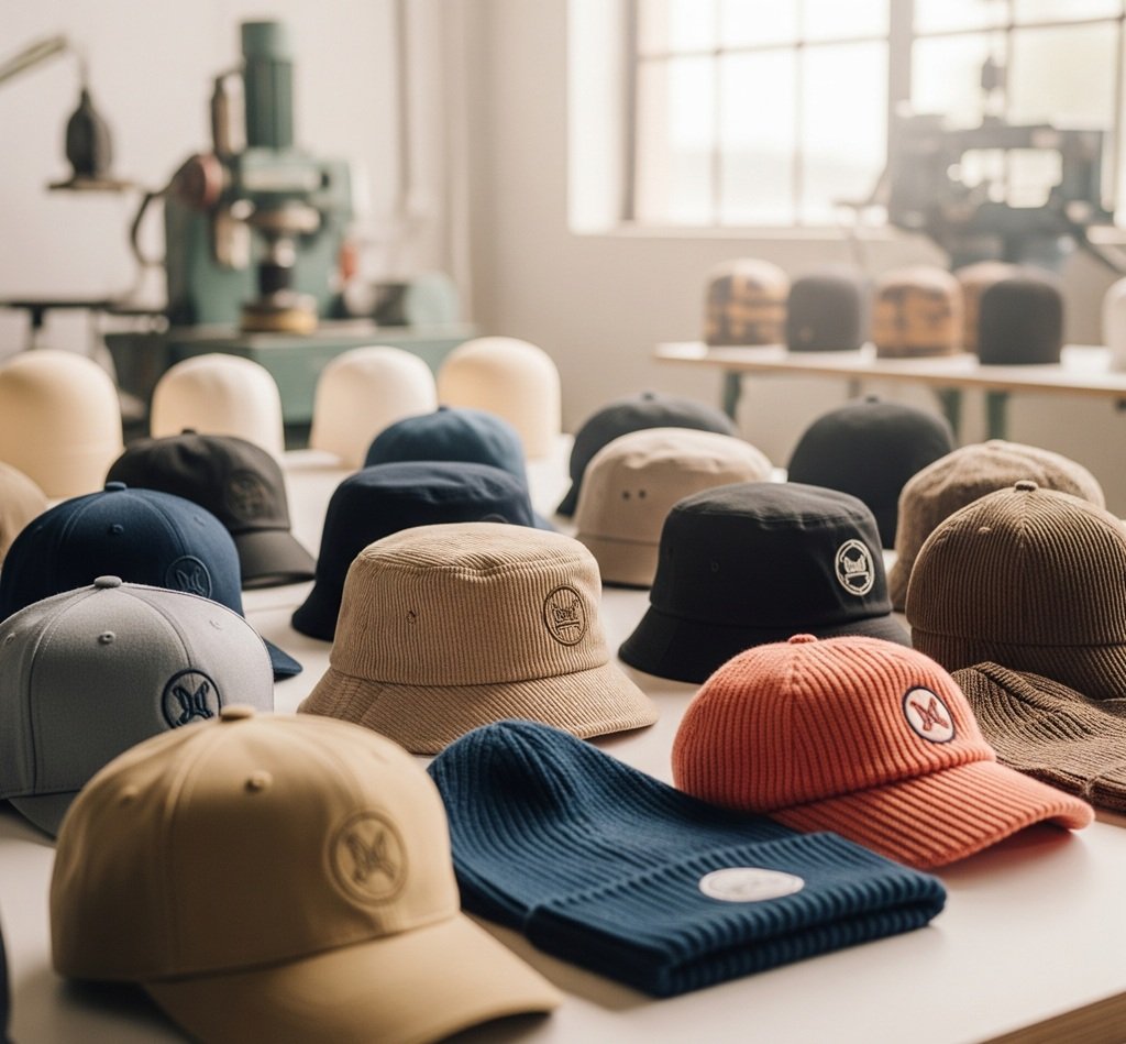 Çeşitli şapka modellerinin (beyzbol, bucket, bere) sergilendiği modern bir şapka imalatı atölyesi, toptan şapka üretimi ve siparişi için kaliteli seçenekler sunuyor.