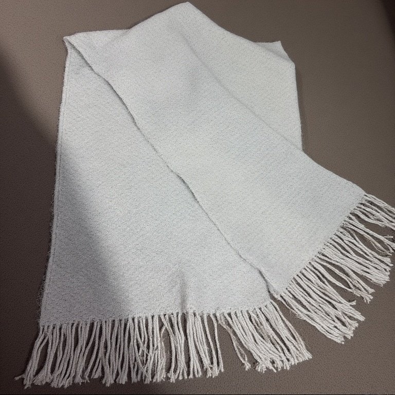 Üretim hattının sonunda, kalite kontrol masasındaki bir çalışanın yeni üretilmiş bir atkının dikişlerini kontrol ettiği ve paketlemeye hazırlandığı an.