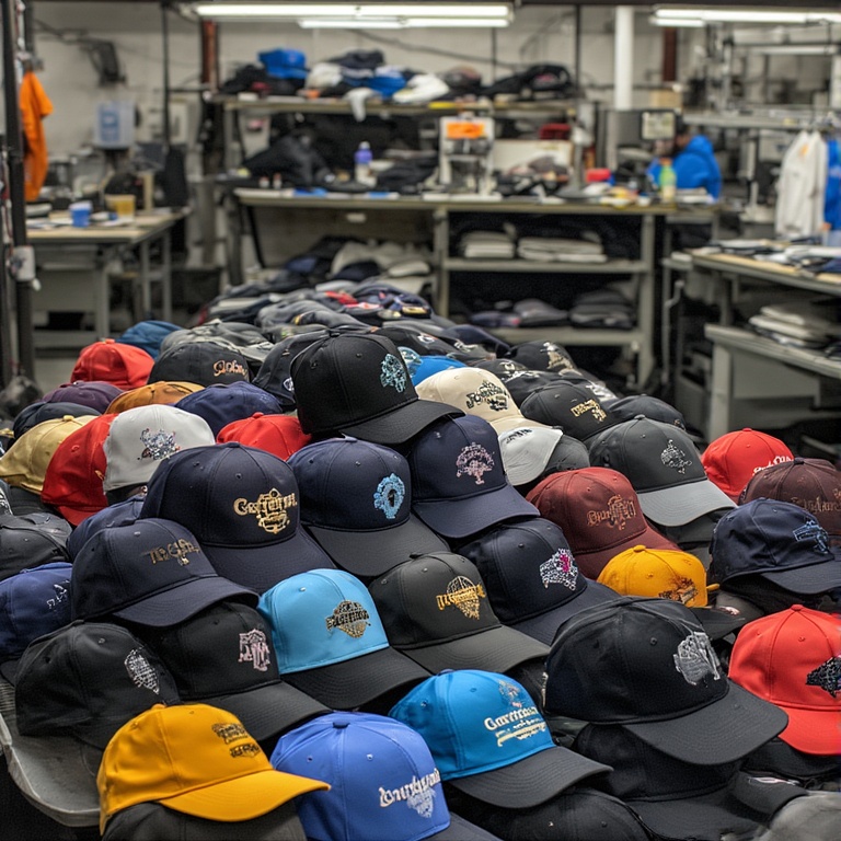 Toptan şapka deposunda paketleme ve organize edilmiş stoklar, 2026 üretim sahnesi.