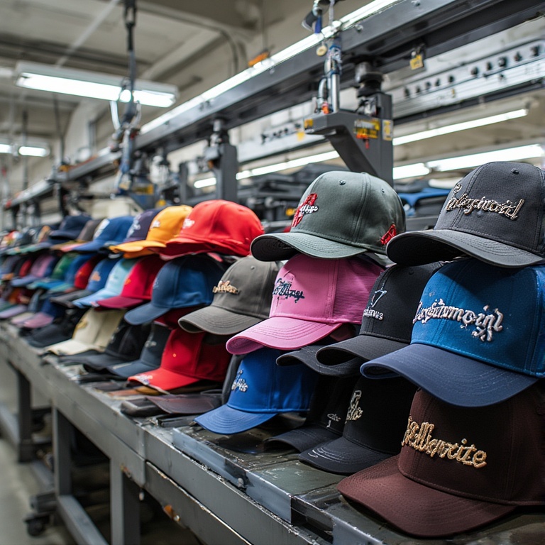 2026 moda trendlerine uygun renkli ve modern tasarımlı şapkalar, vitrin ve showroom sunumu.