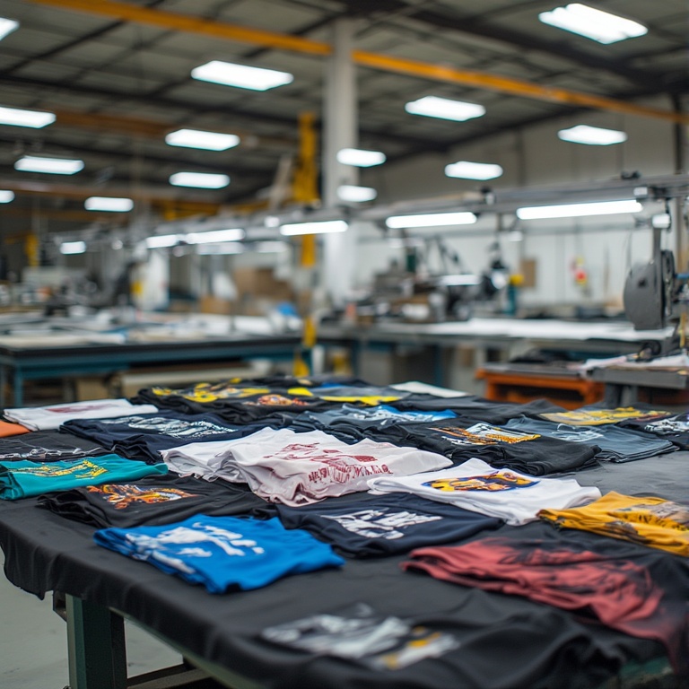 Modern bir tekstil atölyesinde üretim bandından çıkan kaliteli ve baskılı tişörtler.