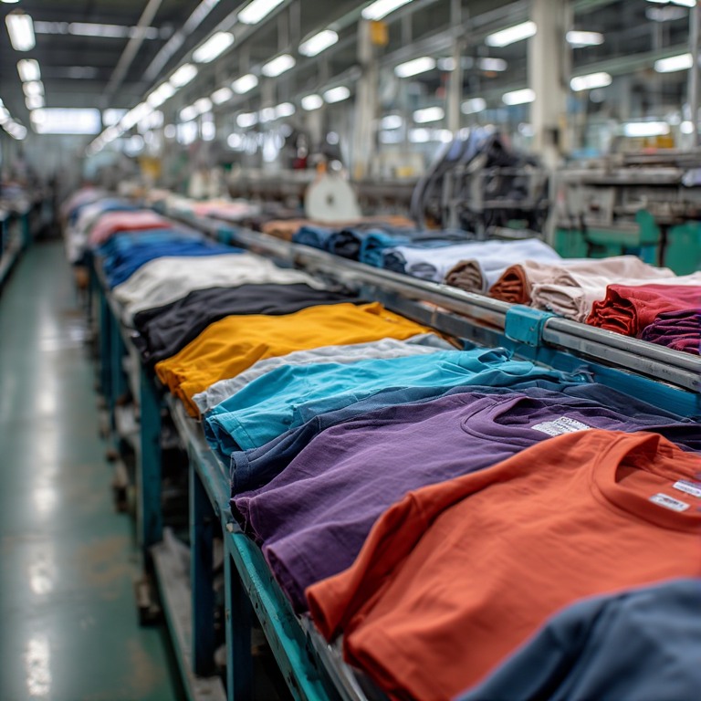 Toptan tişört fiyatları avantajı sağlayan modern tekstil üretim bandı.