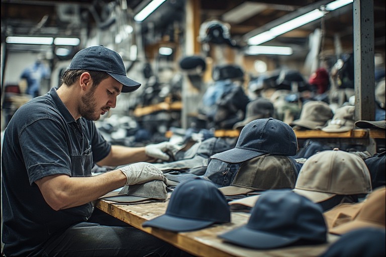 İstanbul toptan şapka üretimi yapan atölyede seri üretim aşaması