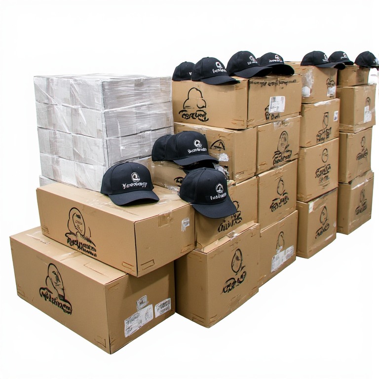 Türkiye'den dünyaya ihraç edilmek üzere paketlenmiş ve sevkiyata hazır büyük ölçekli promosyon şapka sevkiyatı.