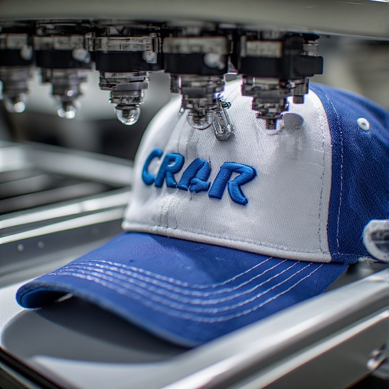 Atalar Tekstil mutfağında profesyonel toptan şapka üretimi kapsamında 3D (kabartmalı) nakış tekniği ile logo uygulaması detayı.