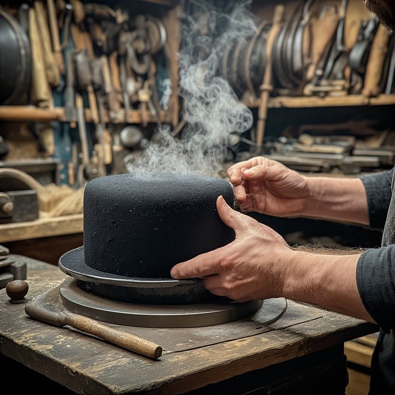 Geleneksel yöntemlerle buhar kalıbında fötr şapka üretimi yapan bir usta.