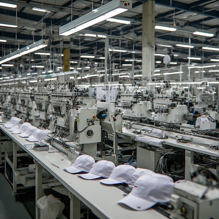 Otomatik makinelerle gerçekleştirilen seri üretim şapka imalatı ve tesis görünümü.