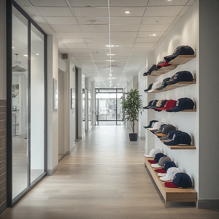 Modern bir ofis ortamında sergilenen çeşitli renklerde kaliteli toptan promosyon şapkalar.