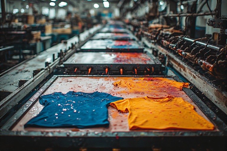Tekstil atölyesinde emprime ve dijital baskı tekniklerinin tişört üzerine uygulanma sürecinin detaylı karşılaştırması