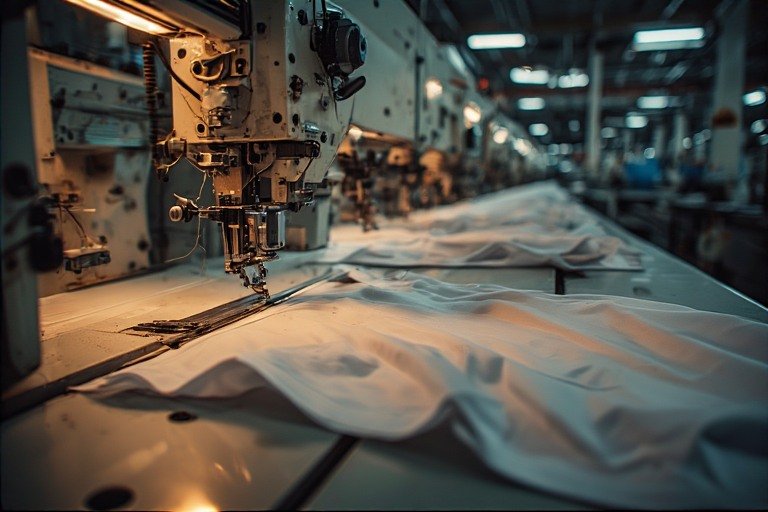 Kurumsal bir tişört üreticisi tesisinde reçme ve overlok makineleriyle yapılan hassas omuz ve yaka dikişi montajı.