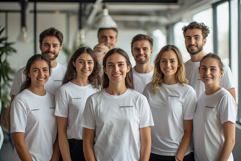 Modern ofis ortamında logolu kurumsal tişört giyen ekip, güçlü marka kimliği ve takım ruhu