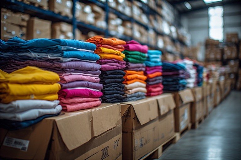 Toptan üretim sonrası paketlenmiş ve sevkiyata hazır promosyon tişört kolileri.