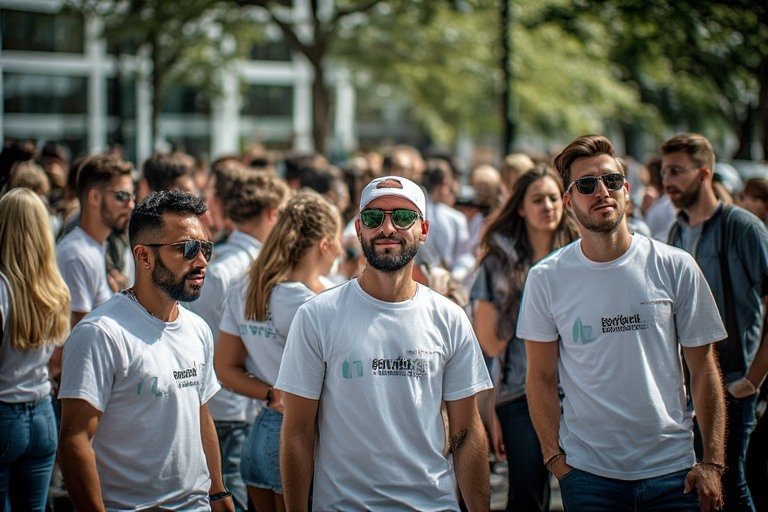 Açık hava kurumsal etkinliğinde markalı promosyon tişört giyen kalabalık insan grubu ve güçlü marka görünürlüğü
