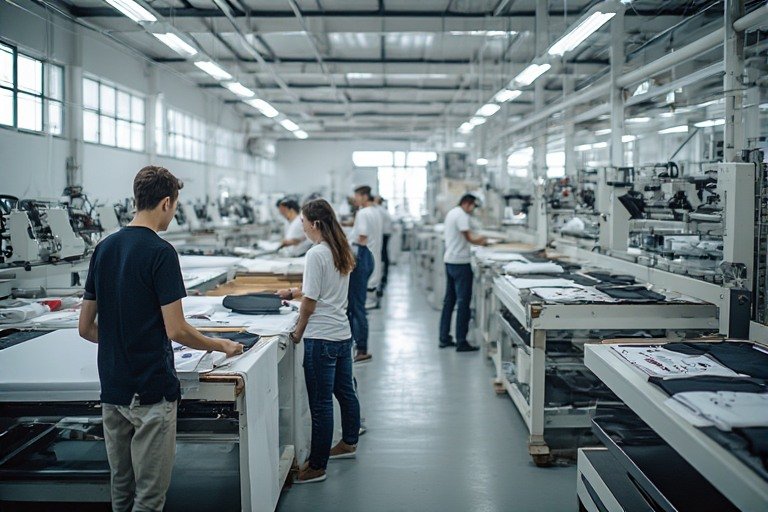 Modern üretim tesisinde özel baskılı tişört imalatı yapılan profesyonel tekstil üretim hattı ve kalite kontrol süreci