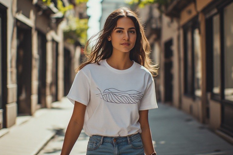 Özel baskılı tişört modeli ve minimalist tasarımıyla sokakta tarzını yansıtan genç bir kadın.