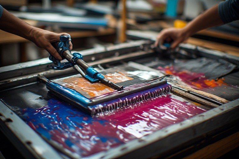 Tişört üzerine serigrafi baskının yakın görünümü