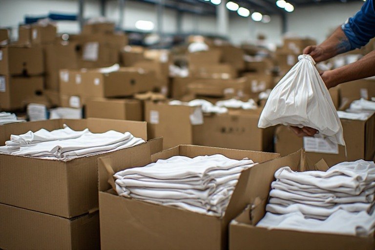 Toplu tişört siparişinde bedene göre ayrılmış paketlerin kutulara yerleştirilmesi