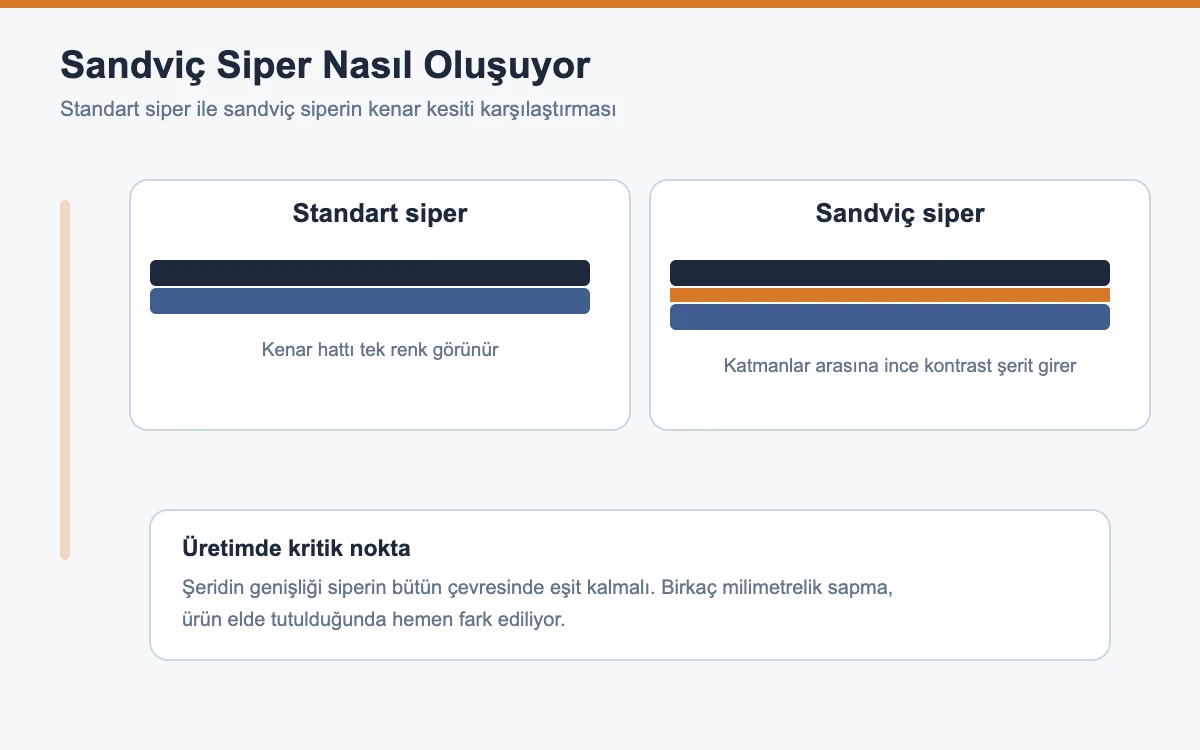 Standart siper ile sandviç siperin kenar kesitini karşılaştıran şema